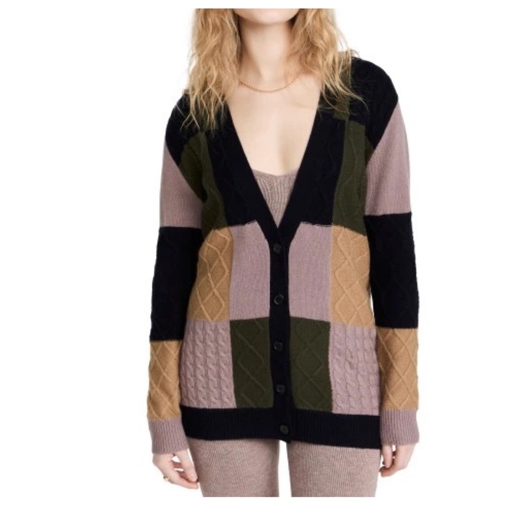 MADELEINE THOMPSON Cardigan Khaki Mixed Knit Cashmere Blend Color Block